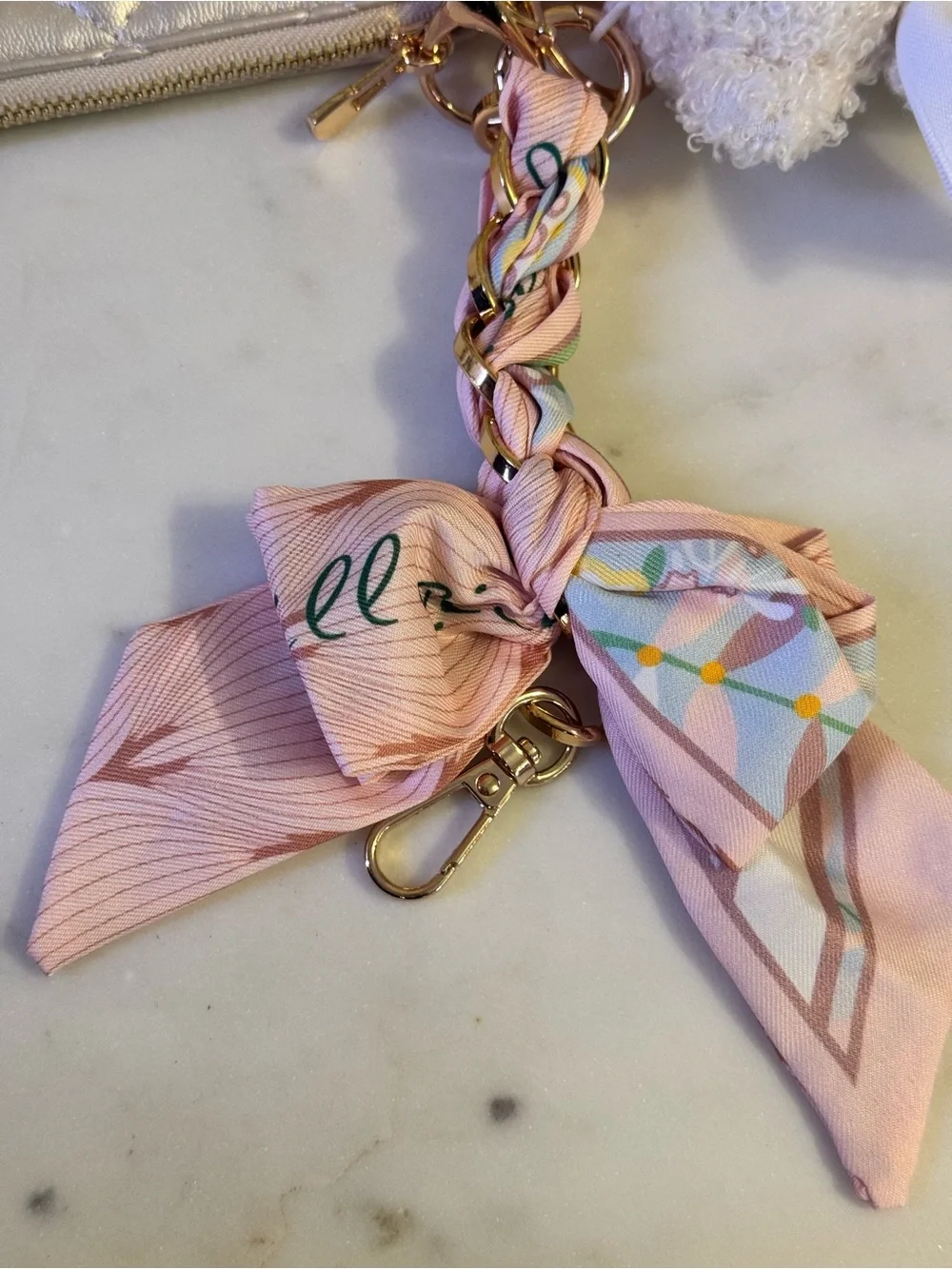 Fashion Bear Keychain Wristlet w/AUTHENTIC  DIOR Zip Pull, Ribbon, Dusty